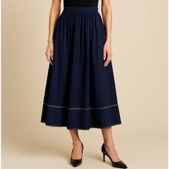 J.Crew Midi Skirt SZ 8 Navy Contrast Stitch Cotton Poplin Elastic Waist Side Zip